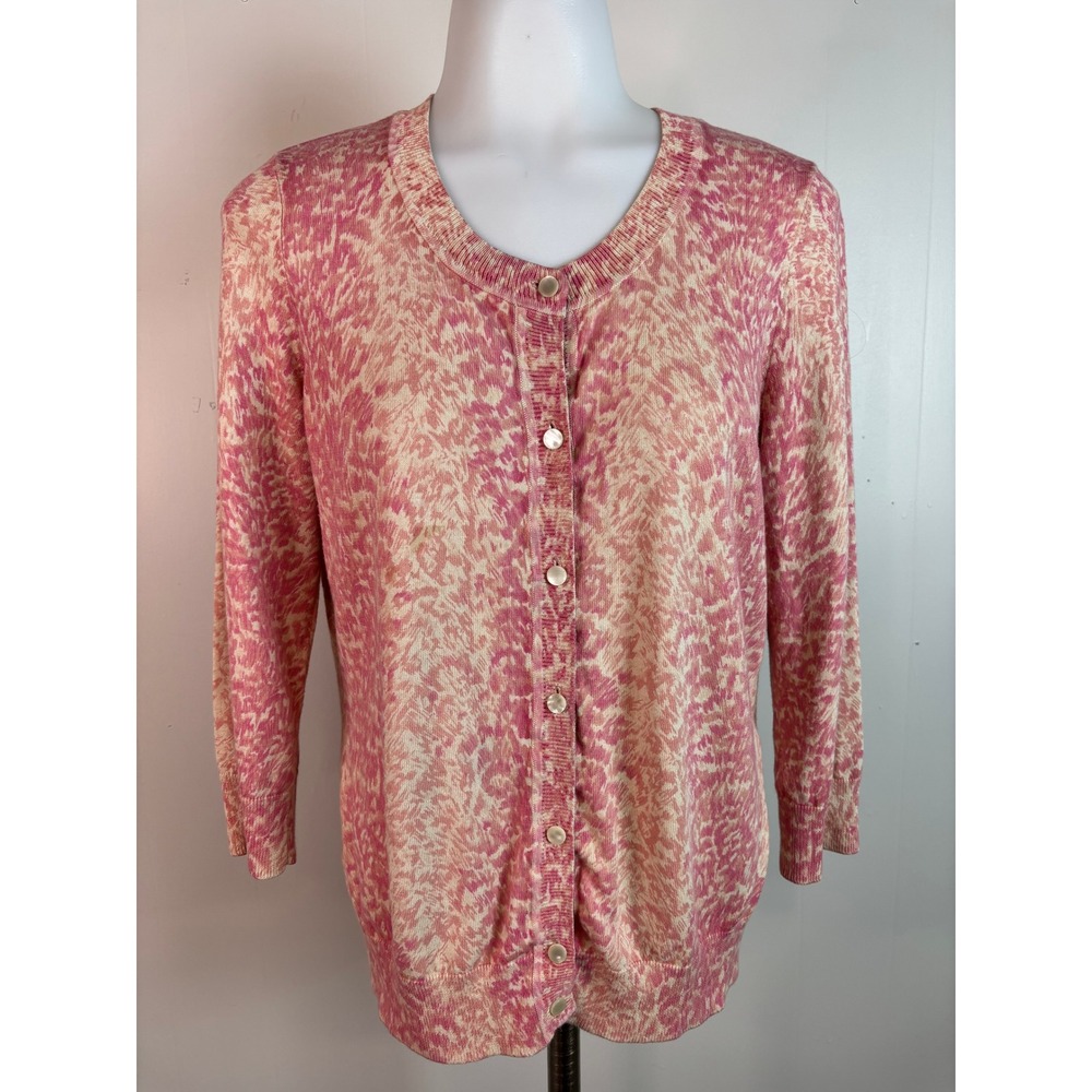 Talbots Cardigan Medium Pink Cream Button Front Cotton Blend Knit Sweater Womens